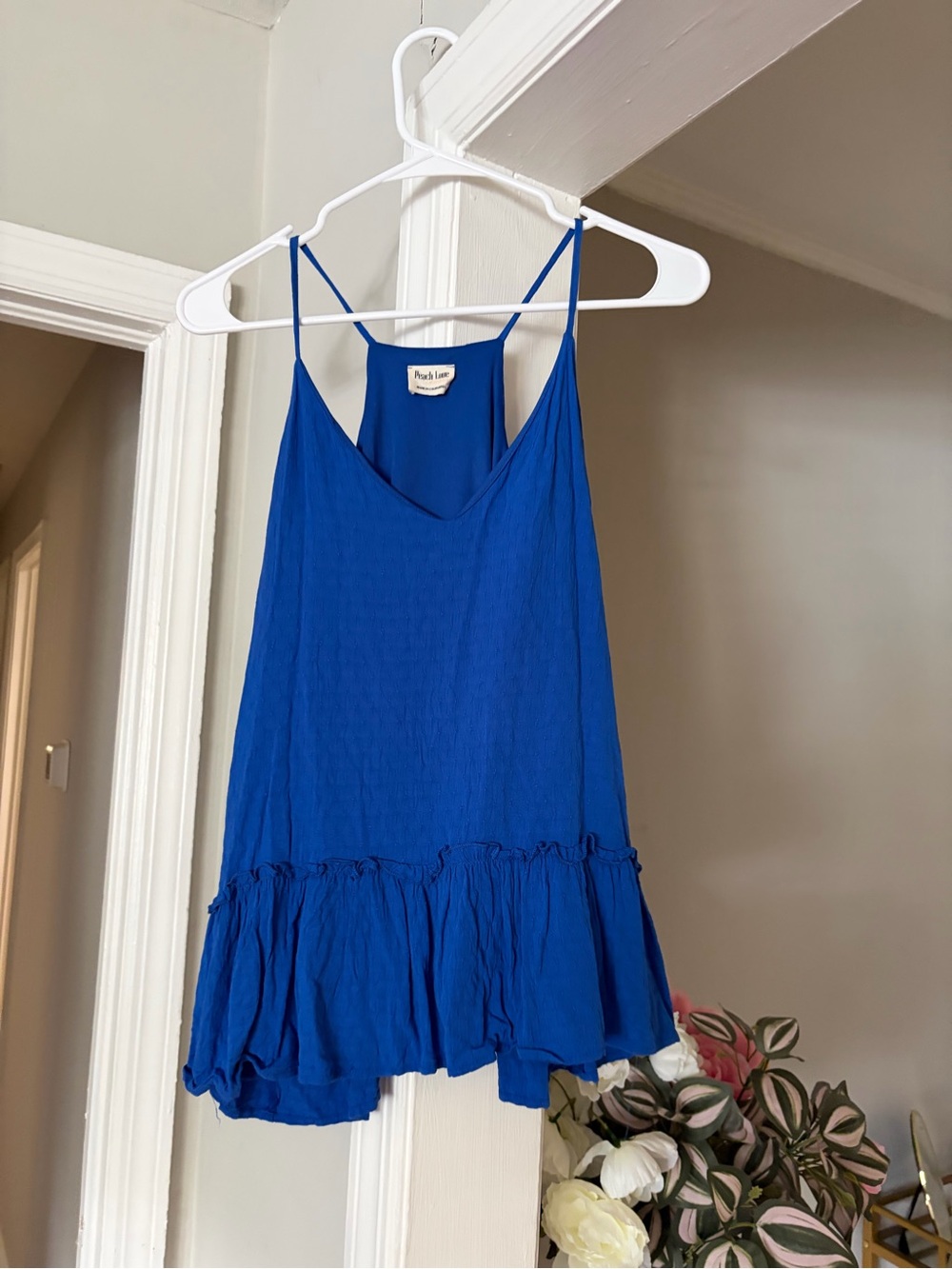 Peach Love California Cobalt Blue Spaghetti Strap Ruffle-Hem Cami
